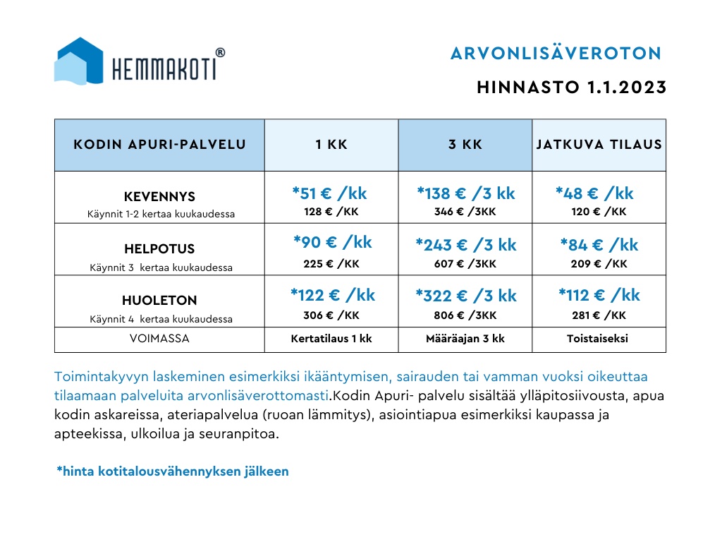 Arvonlisäveroton hinnasto, kotiapu, kodin apuri, kodin askareet, siivous